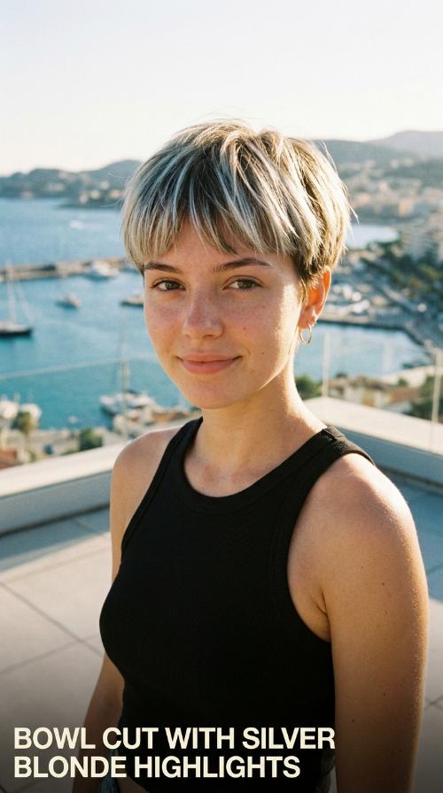 Bowl Cut with Silver Blonde Highlights