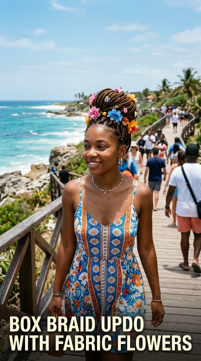 Box Braid Updo with Fabric Flowers