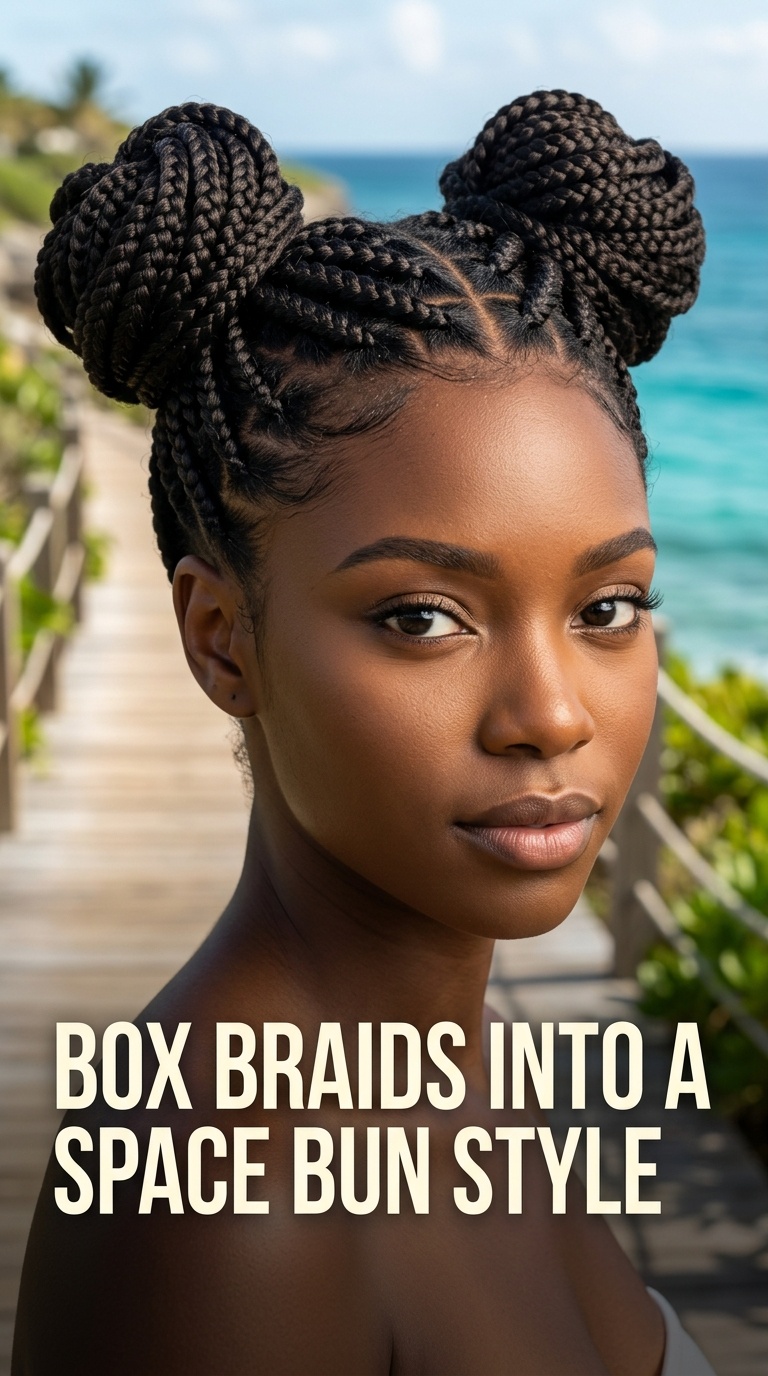 Box Braids into a Space Bun Style