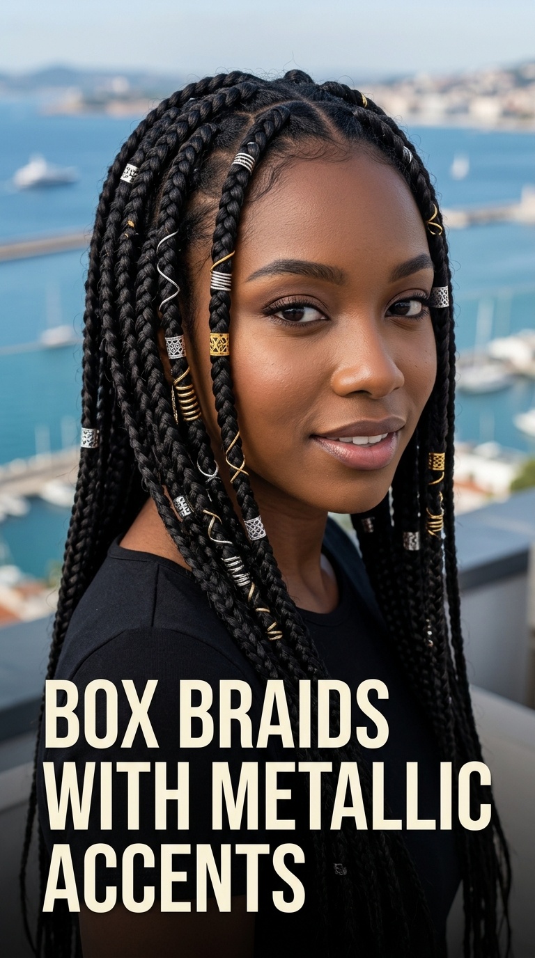 Box Braids with Metallic Accents
