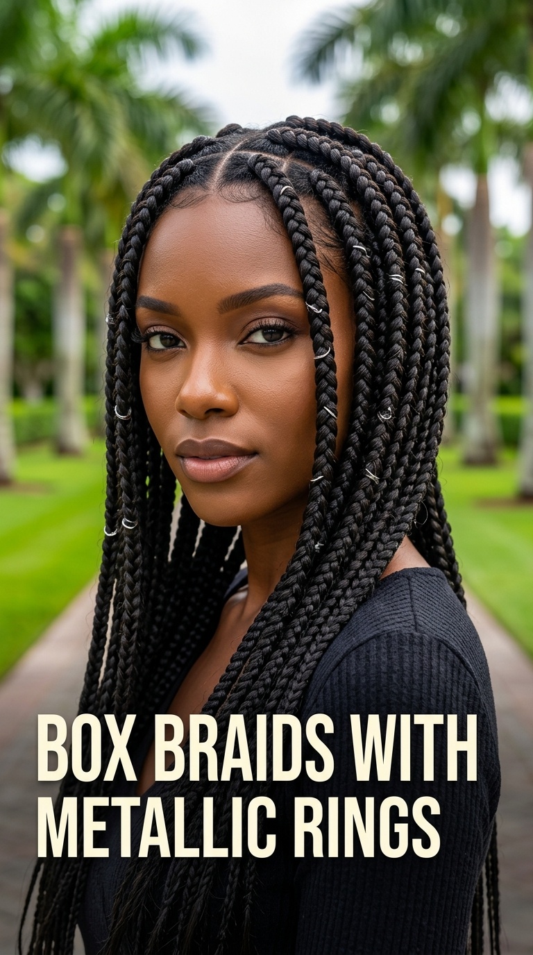 Box Braids with Metallic Rings