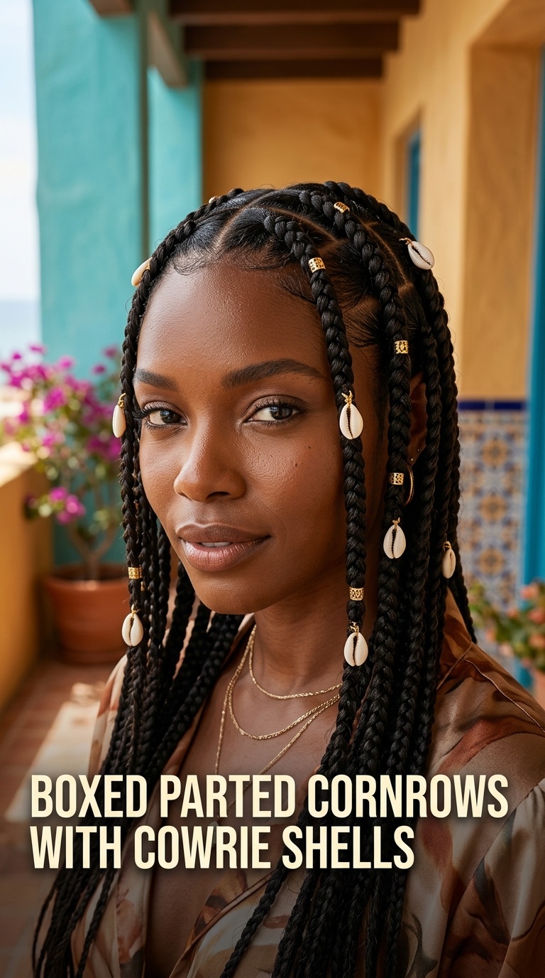 Boxed Parted Cornrows with Cowrie Shells