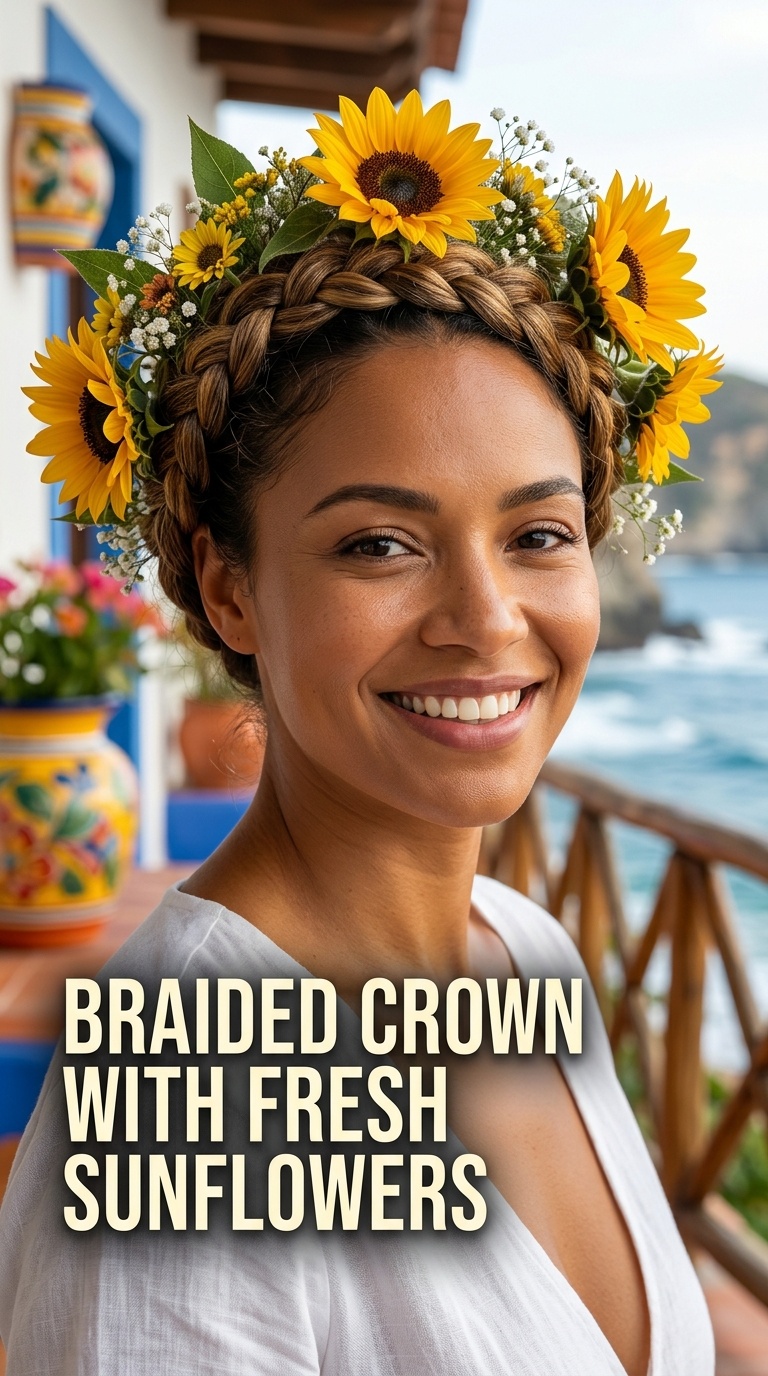 Braided Crown with Fresh Sunflowers