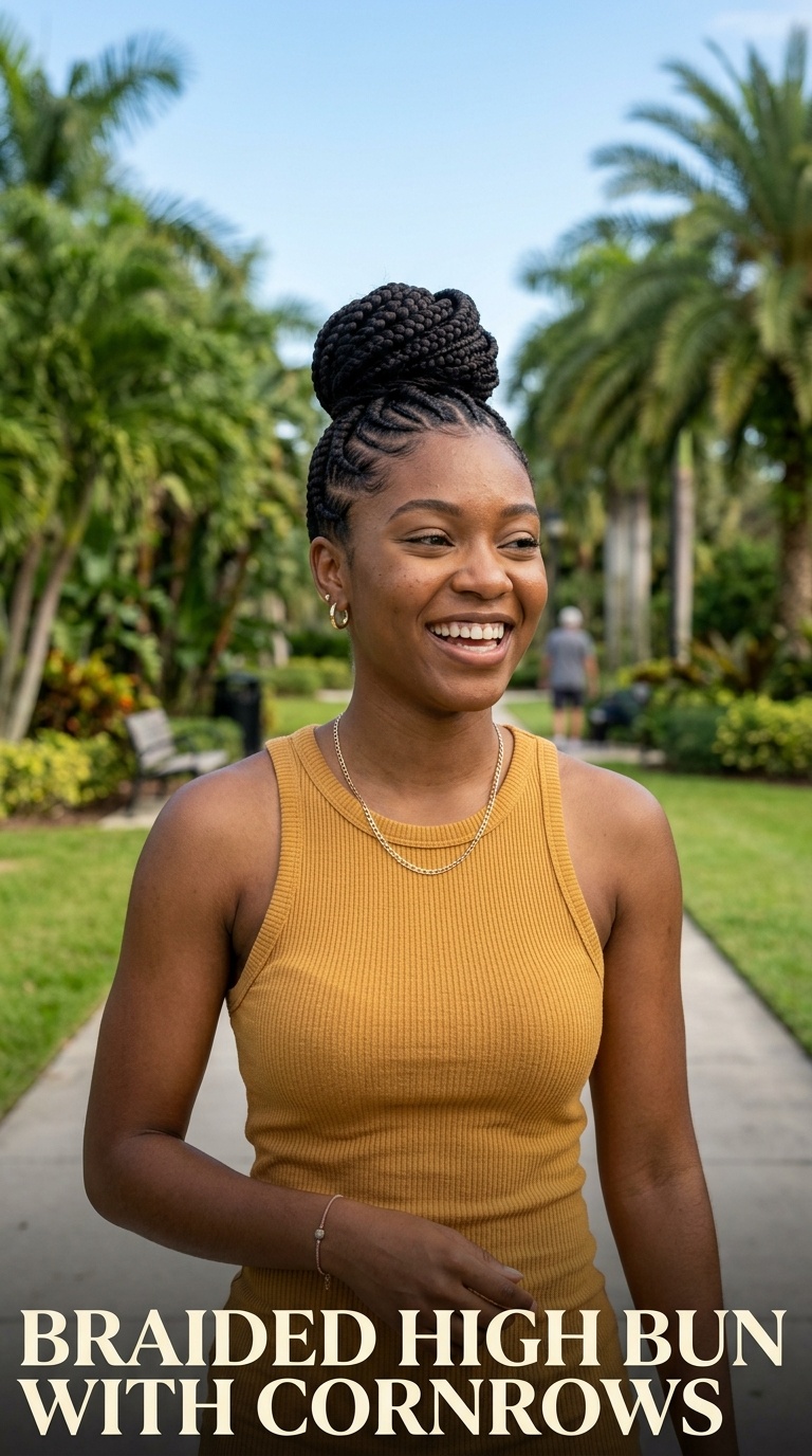 Braided High Bun with Cornrows