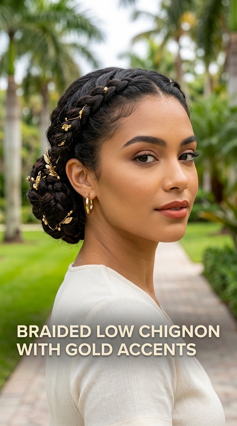 Braided Low Chignon with Gold Accents