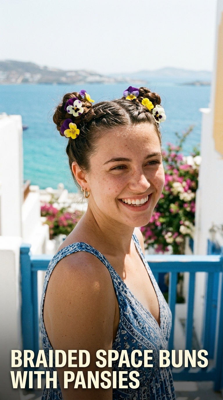 Braided Space Buns with Pansies