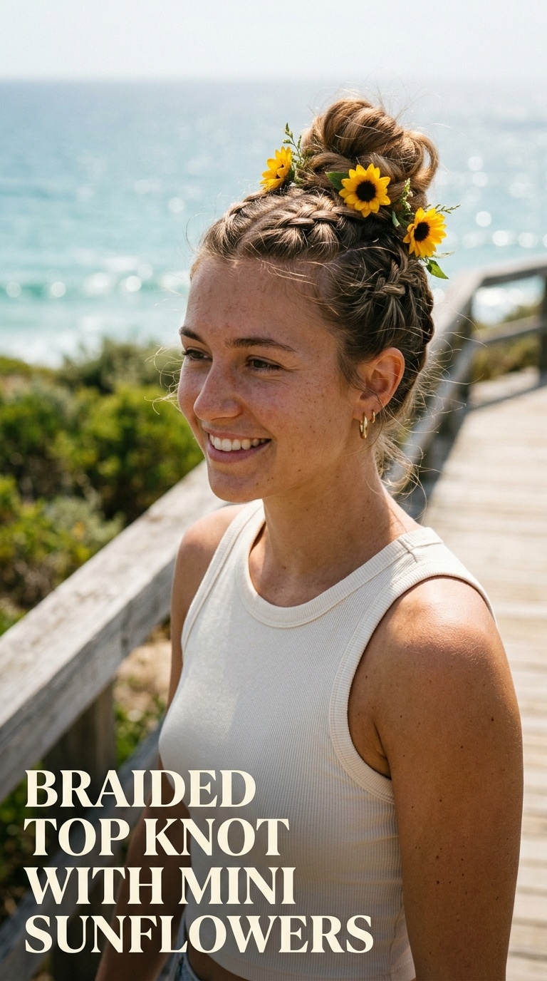 Braided Top Knot with Mini Sunflowers