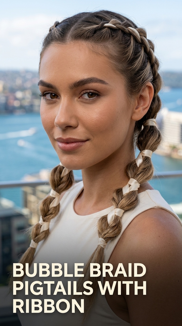 Bubble Braid Pigtails with Ribbon
