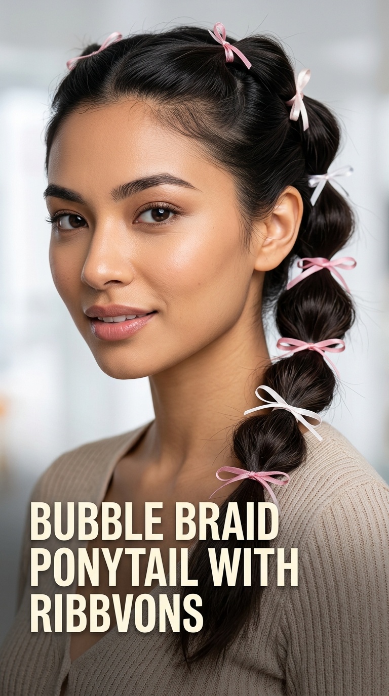 Bubble Braid Ponytail with Ribbons