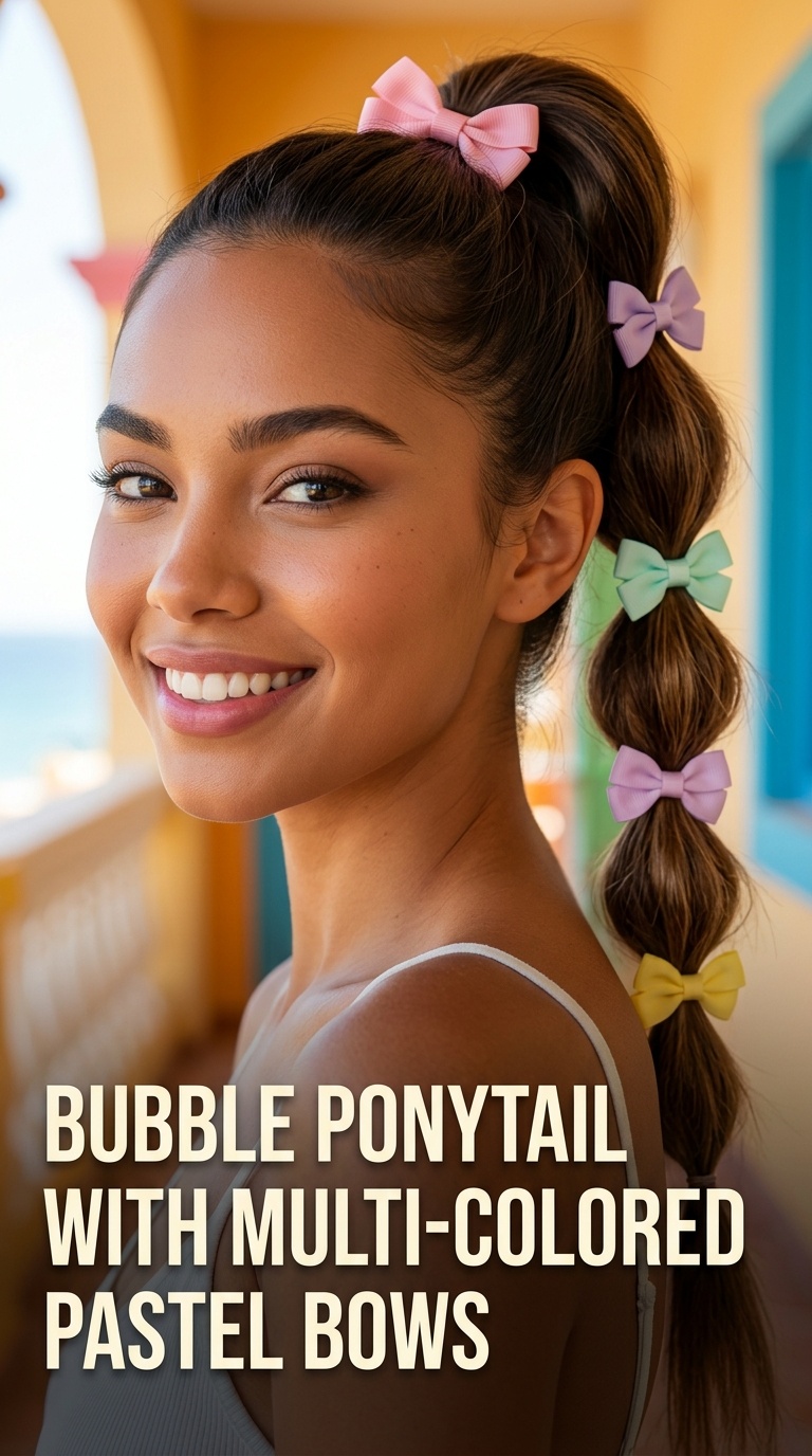 Bubble Ponytail with Multi-Colored Pastel Bows