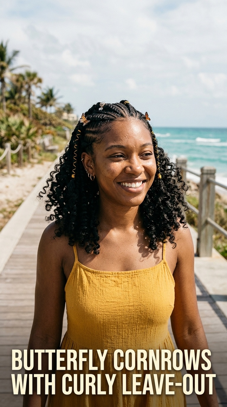 Butterfly Cornrows with Curly Leave-Out