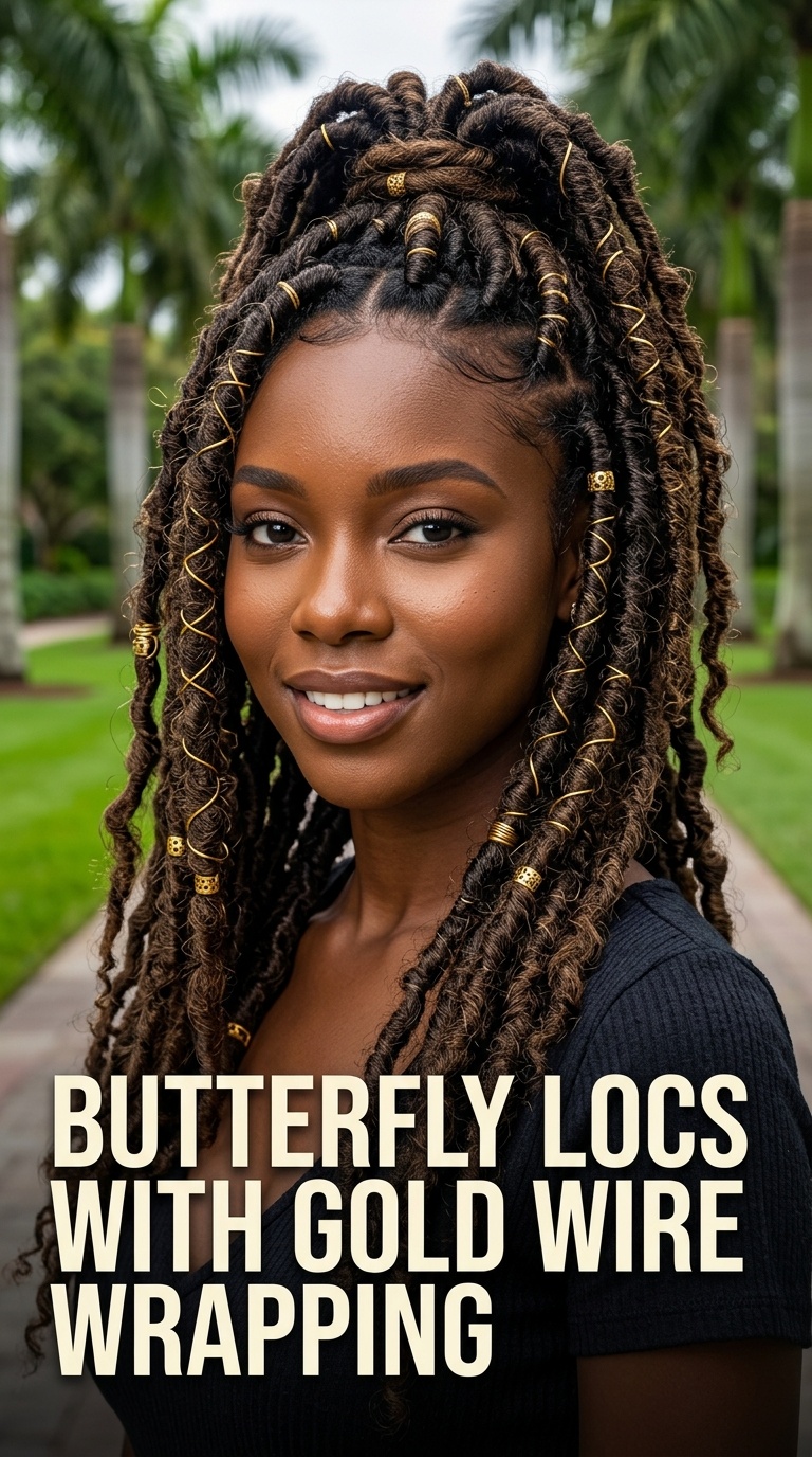 Butterfly Locs with Gold Wire Wrapping