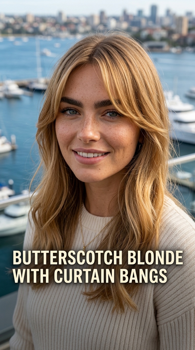 Butterscotch Blonde with Curtain Bangs