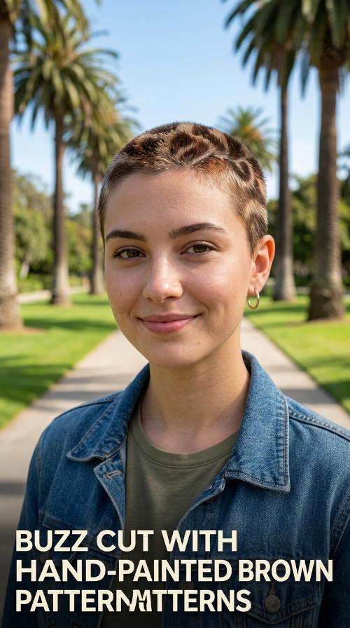Buzz Cut with Hand-Painted Brown Patterns