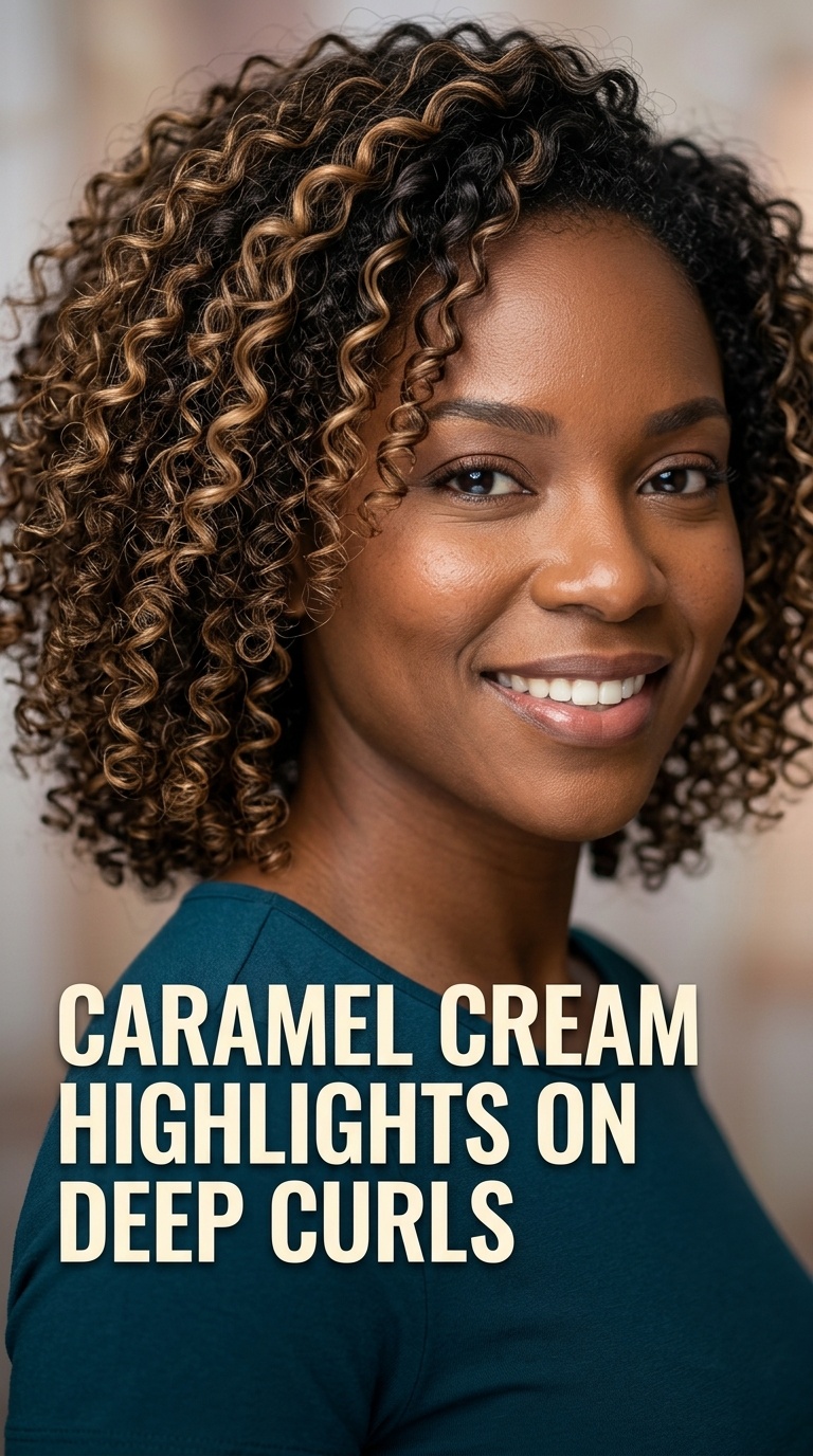Caramel Cream Highlights on Deep Curls
