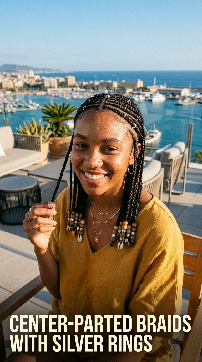Center-Parted Braids with Silver Rings