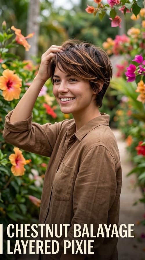 Chestnut Balayage Layered Pixie