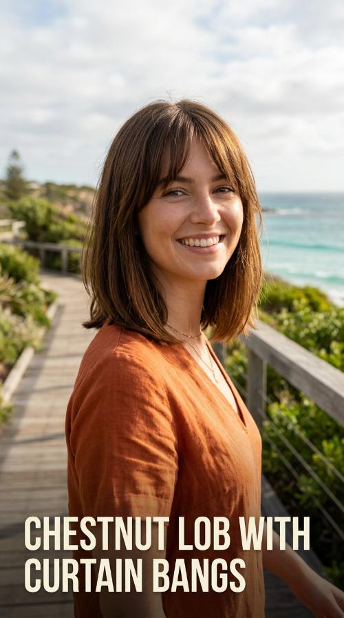 Chestnut Lob with Curtain Bangs