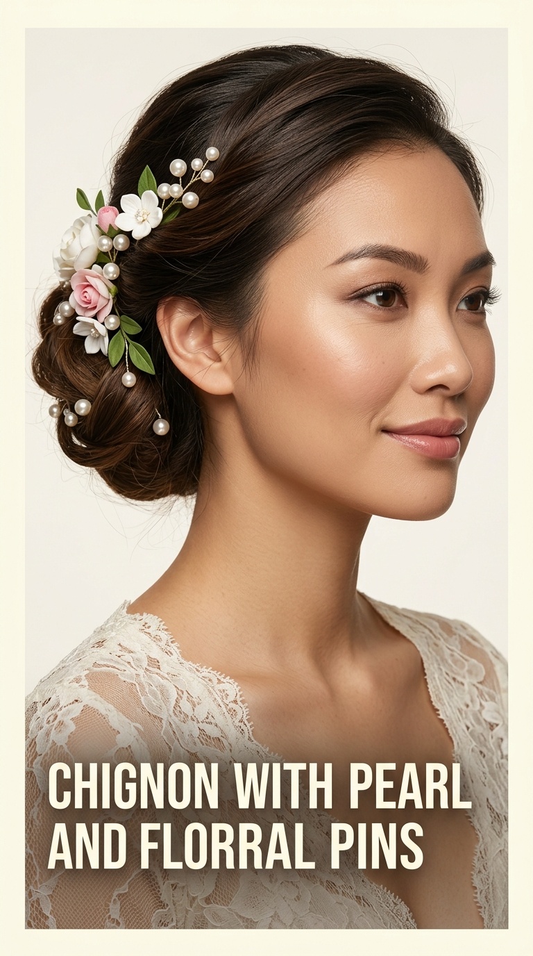 Chignon with Pearl and Floral Pins