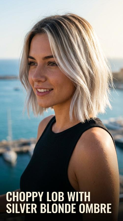 Choppy Lob with Silver Blonde Ombre