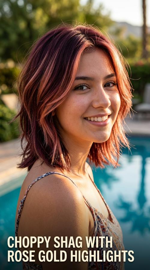 Choppy Shag with Rose Gold Highlights