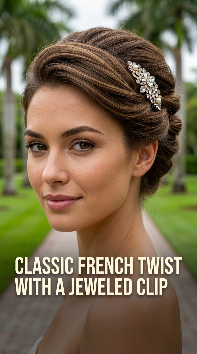 Classic French Twist with a Jeweled Clip