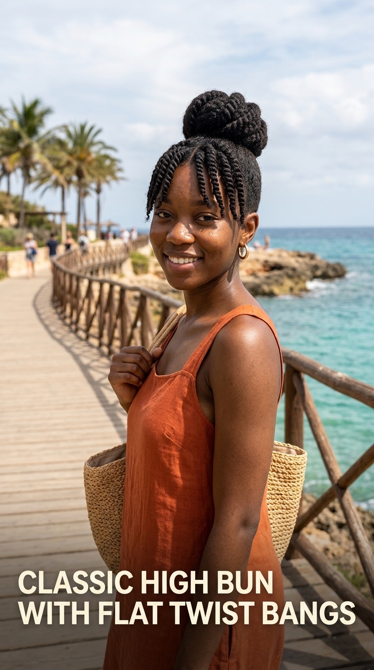 Classic High Bun with Flat Twist Bangs