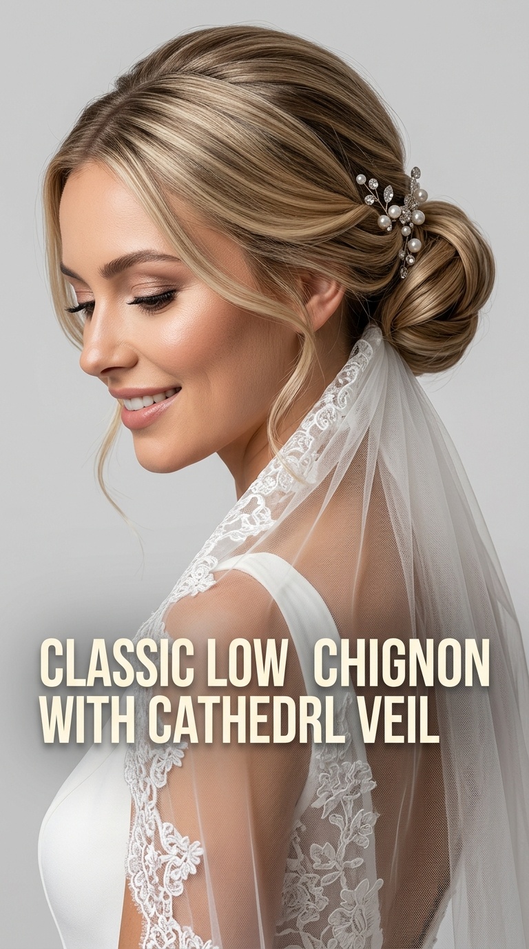 Classic Low Chignon with Cathedral Veil