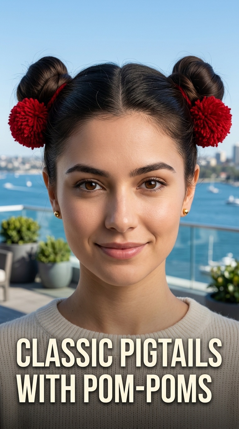 Classic Pigtails with Pom-Poms