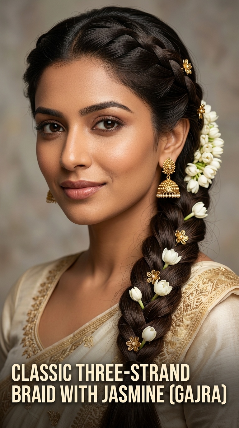 Classic Three-Strand Braid with Jasmine (Gajra)