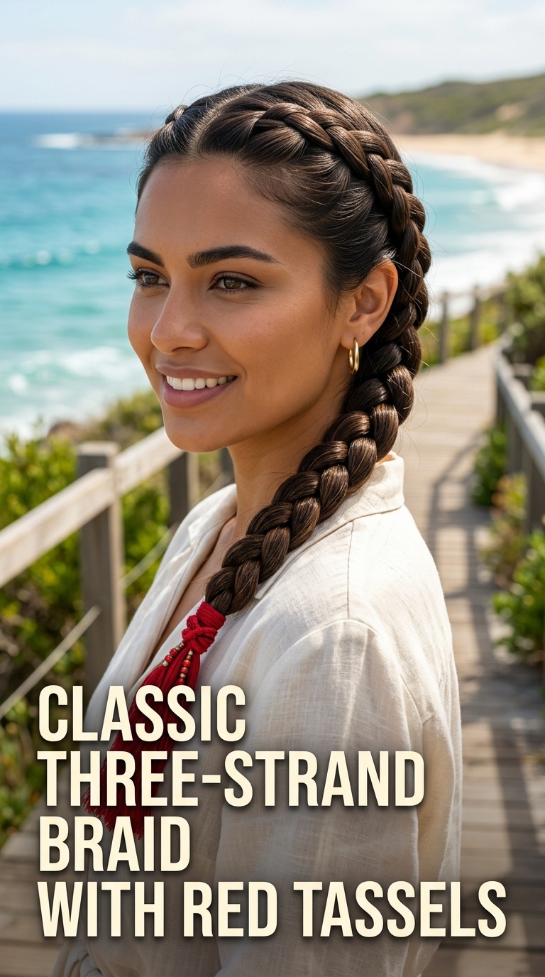 Classic Three-Strand Braid with Red Tassels