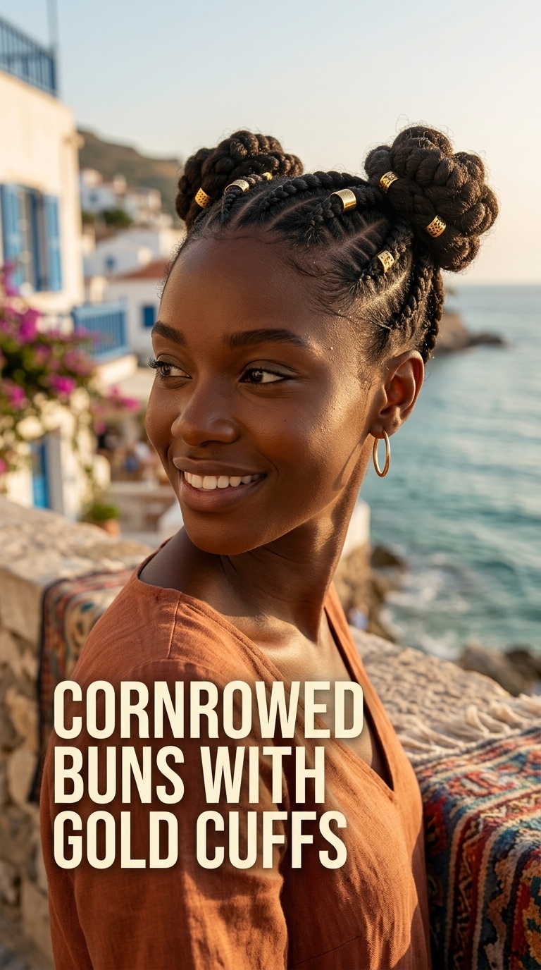 Cornrowed Buns with Gold Cuffs