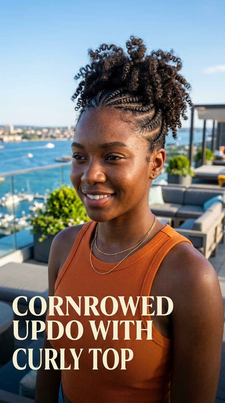 Cornrowed Updo with Curly Top