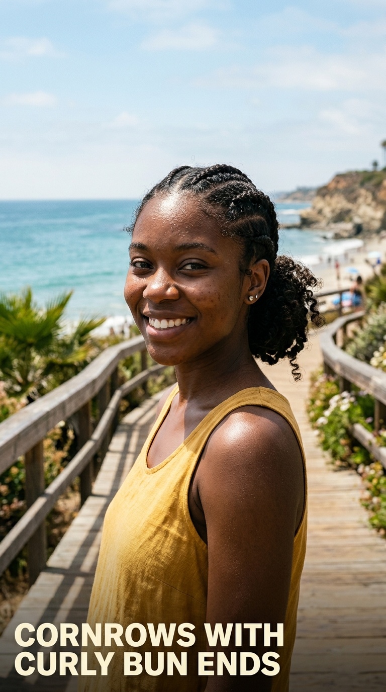 Cornrows with Curly Bun Ends