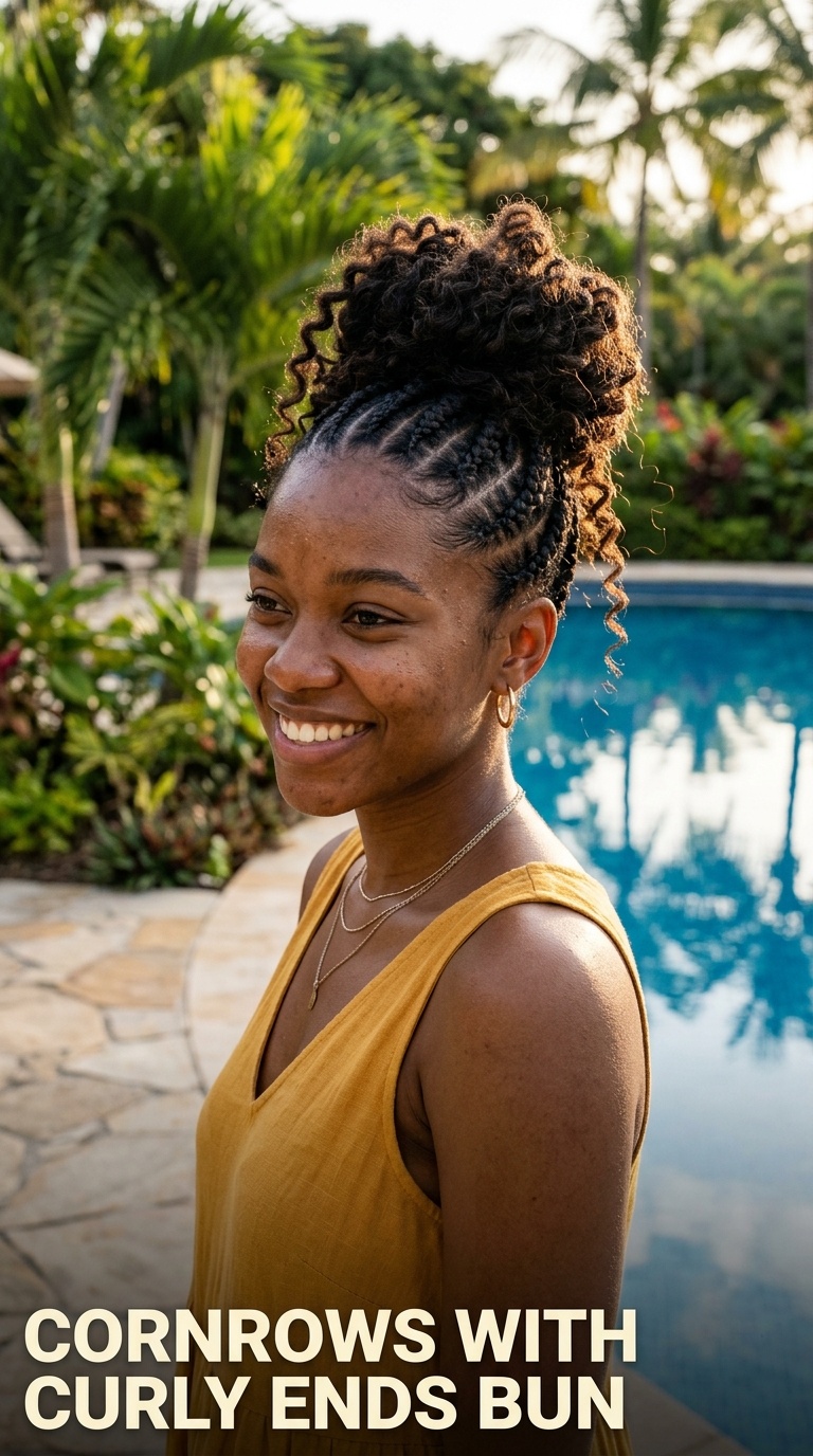 Cornrows with Curly Ends Bun