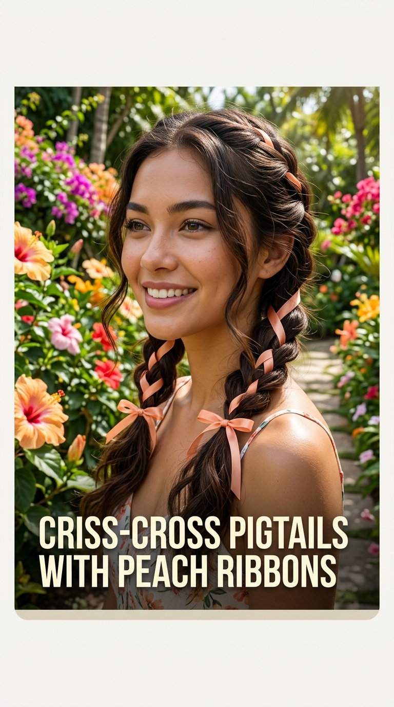 Criss-Cross Pigtails with Peach Ribbons