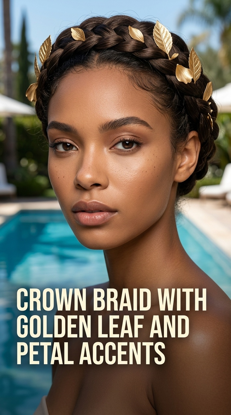 Crown Braid with Golden Leaf and Petal Accents