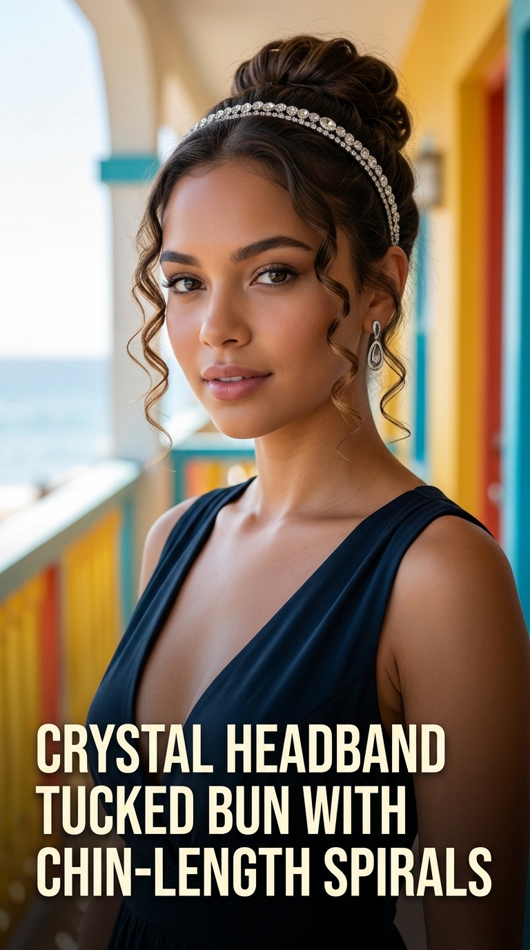 Crystal Headband Tucked Bun with Chin-Length Spirals
