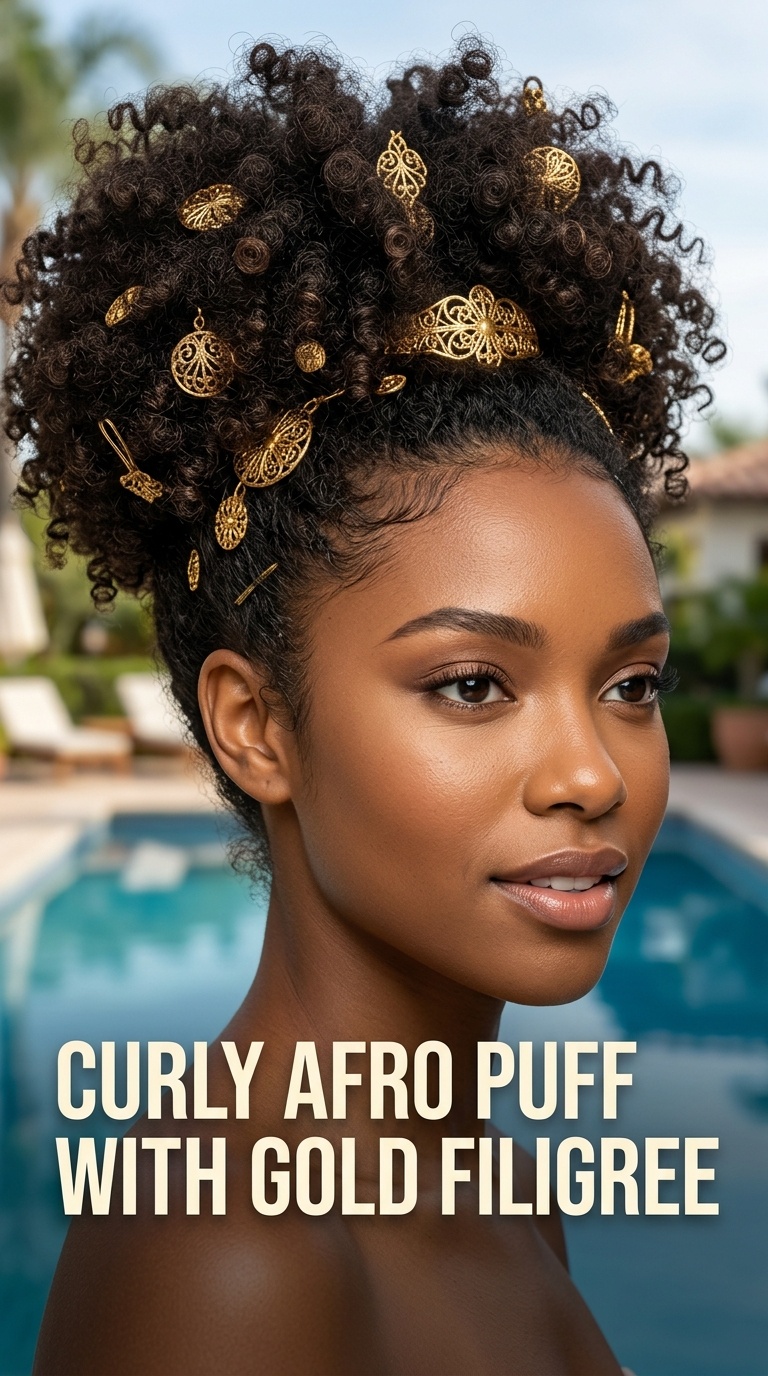 Curly Afro Puff with Gold Filigree