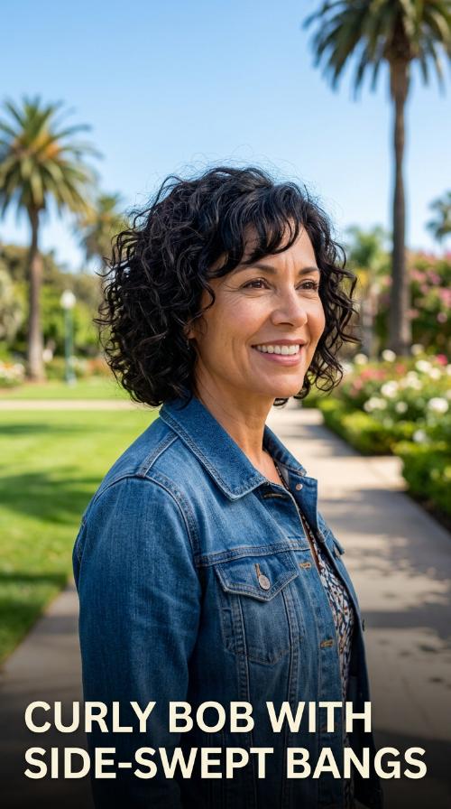Curly Bob with Side-Swept Bangs