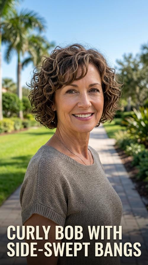 Curly Bob with Side-Swept Bangs