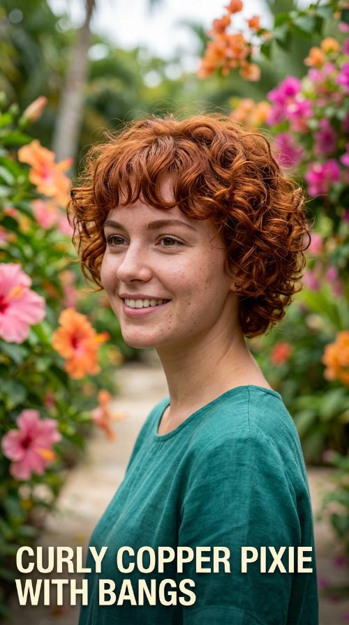 Curly Copper Pixie with Bangs