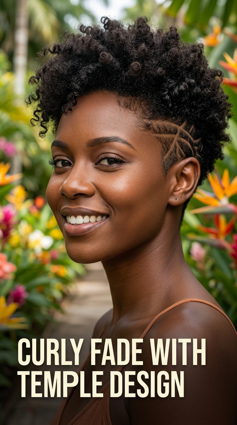 Curly Fade with Temple Design