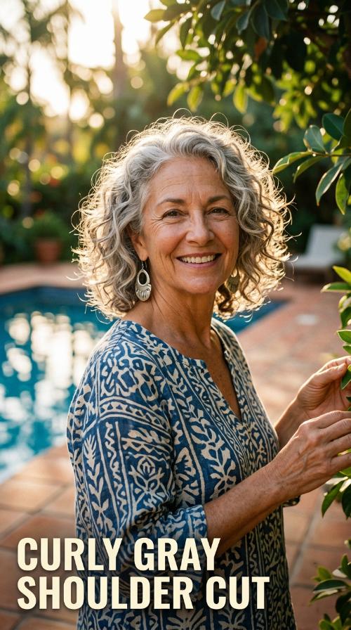 Curly Gray Shoulder Cut