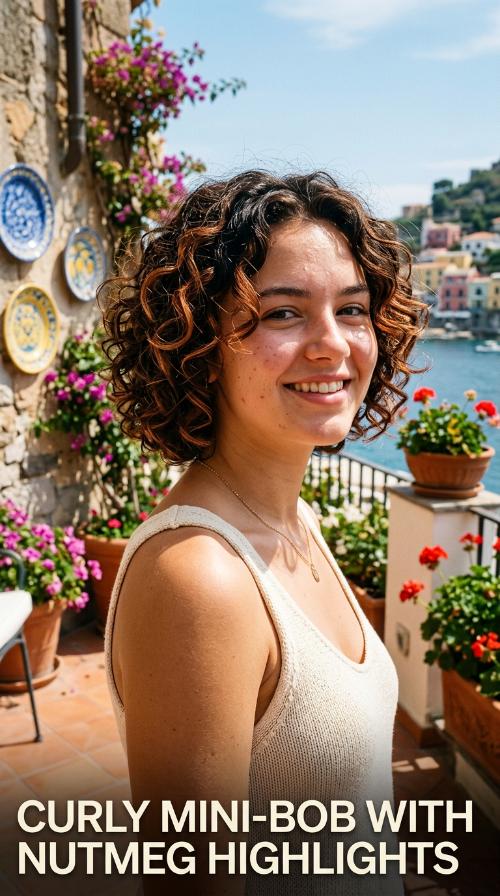 Curly Mini-Bob with Nutmeg Highlights