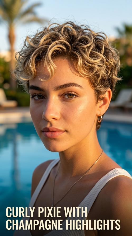 Curly Pixie with Champagne Highlights