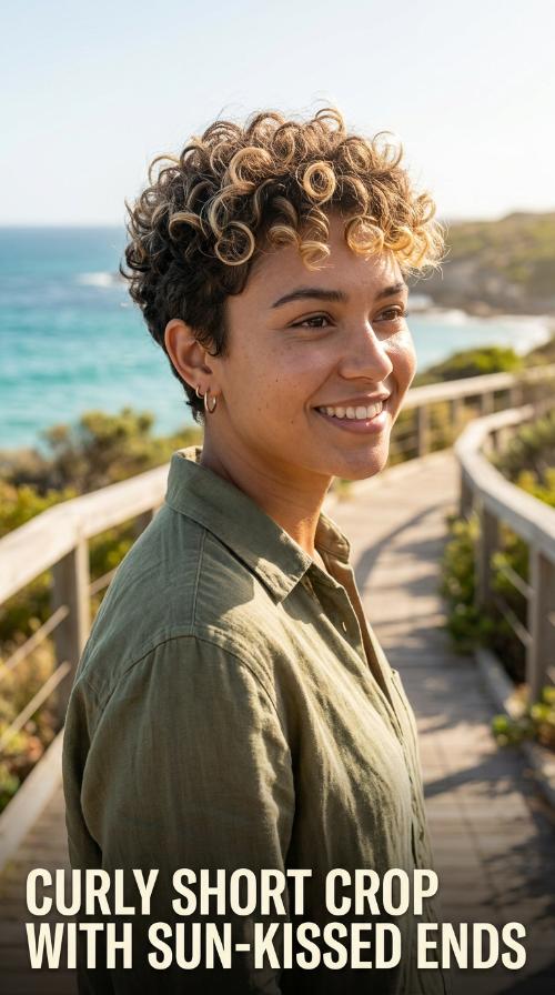 Curly Short Crop with Sun-Kissed Ends