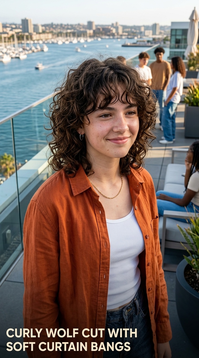 Curly Wolf Cut with Soft Curtain Bangs