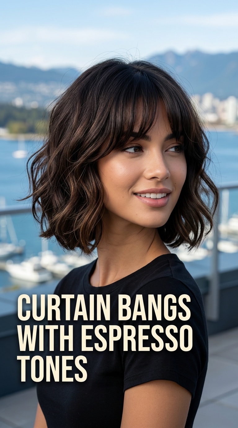 Curtain Bangs with Espresso Tones