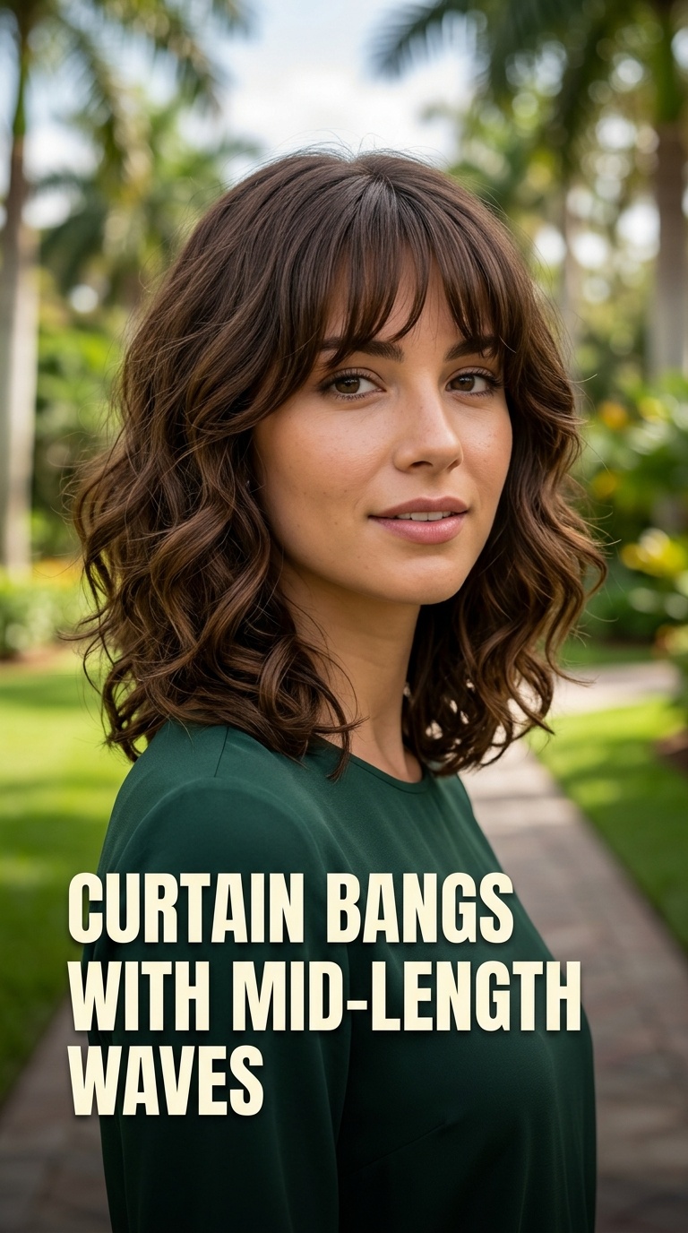 Curtain Bangs with Mid-Length Waves